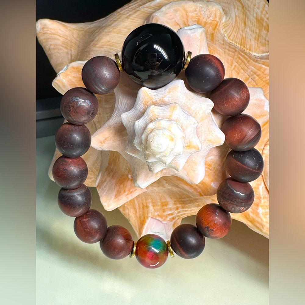 MATTE RED TIGERS EYE + ONYX NATURAL STONES BRACELET size 7”